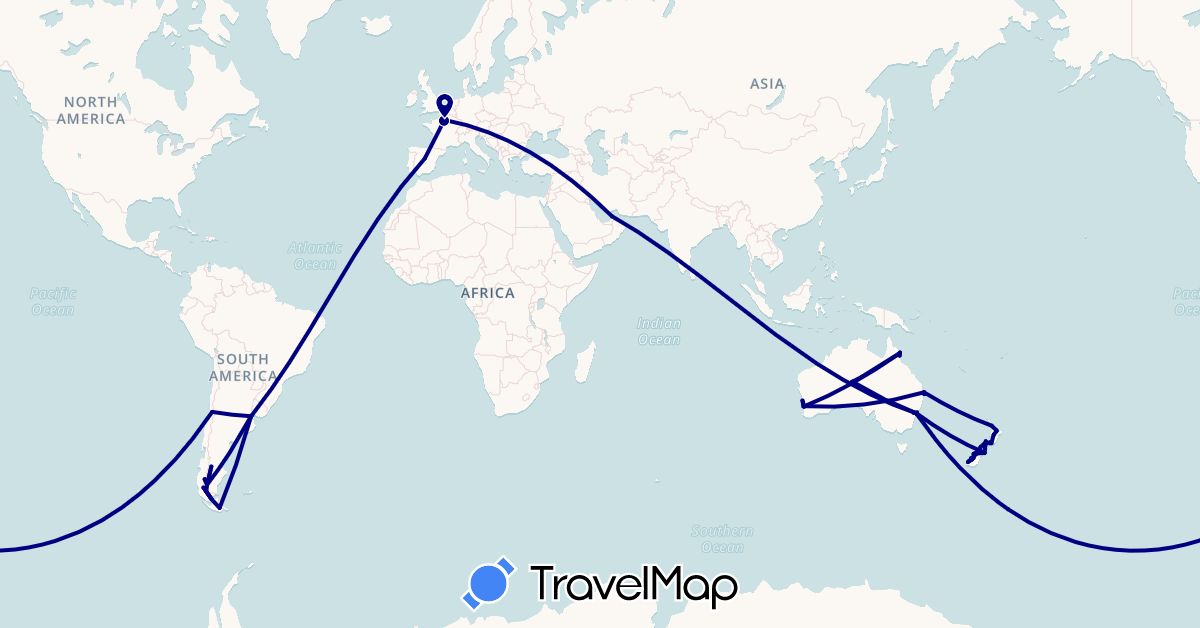 TravelMap itinerary: driving in United Arab Emirates, Argentina, Australia, Chile, Spain, France, New Zealand (Asia, Europe, Oceania, South America)
